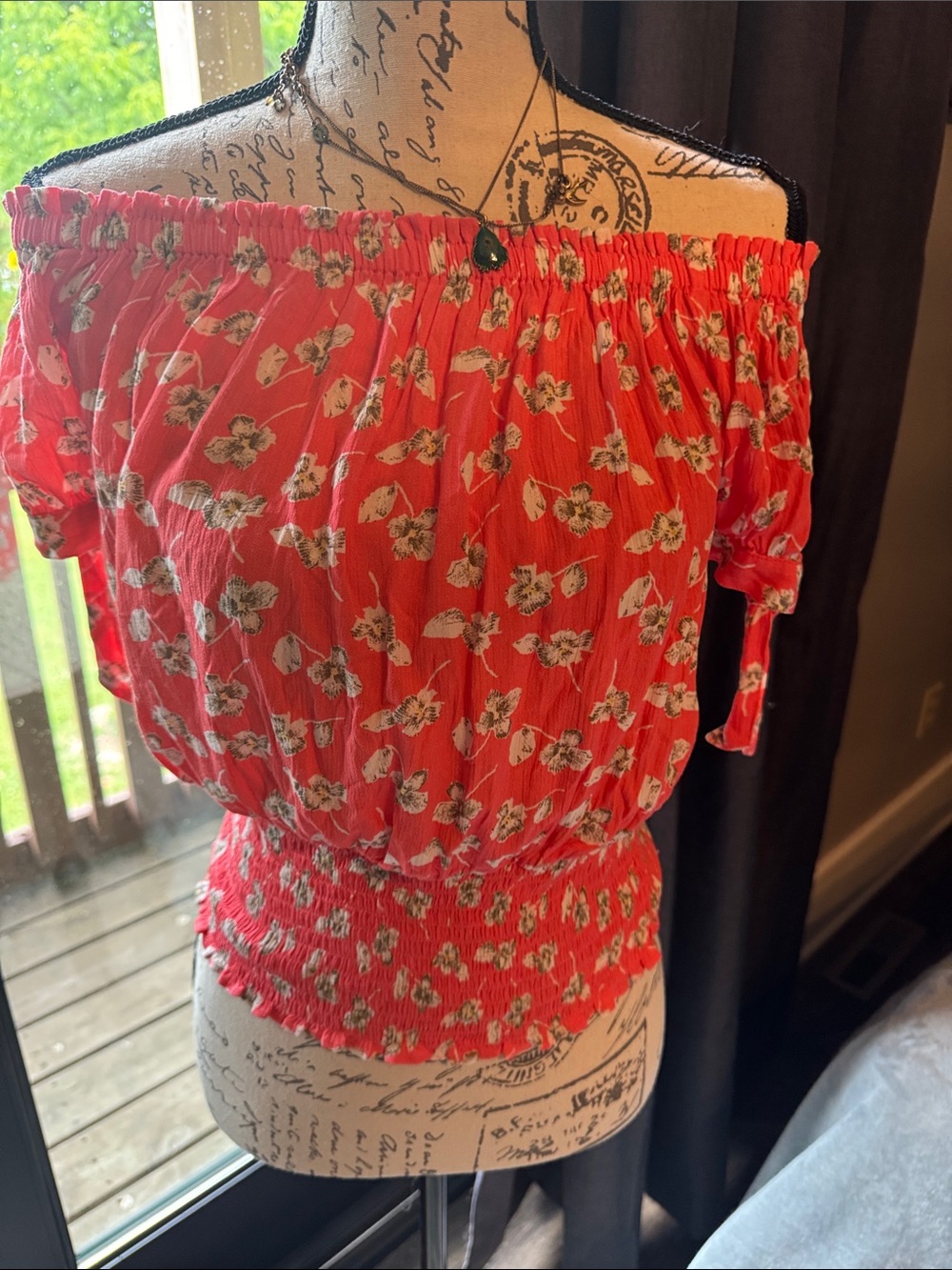 Express Red Floral Off-Shoulder Smocked Waist Top